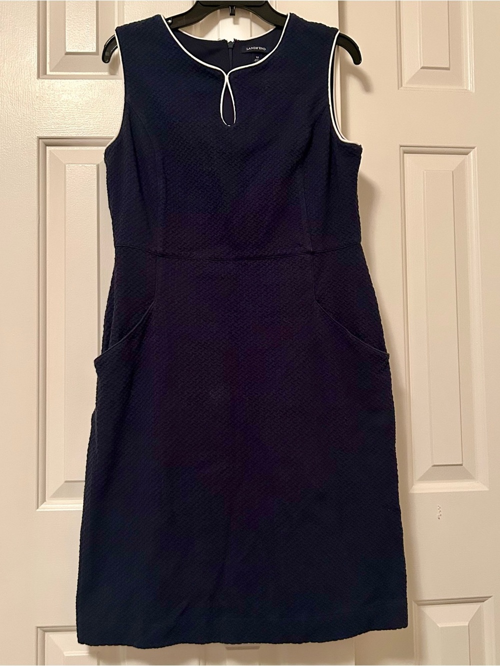 Lands End Navy Blue Textured Shift Sheath Dress Piping Size 12